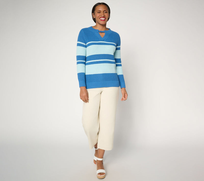 Joan Rivers Split-Neck with Cable Chain Striped Sweater — View 5