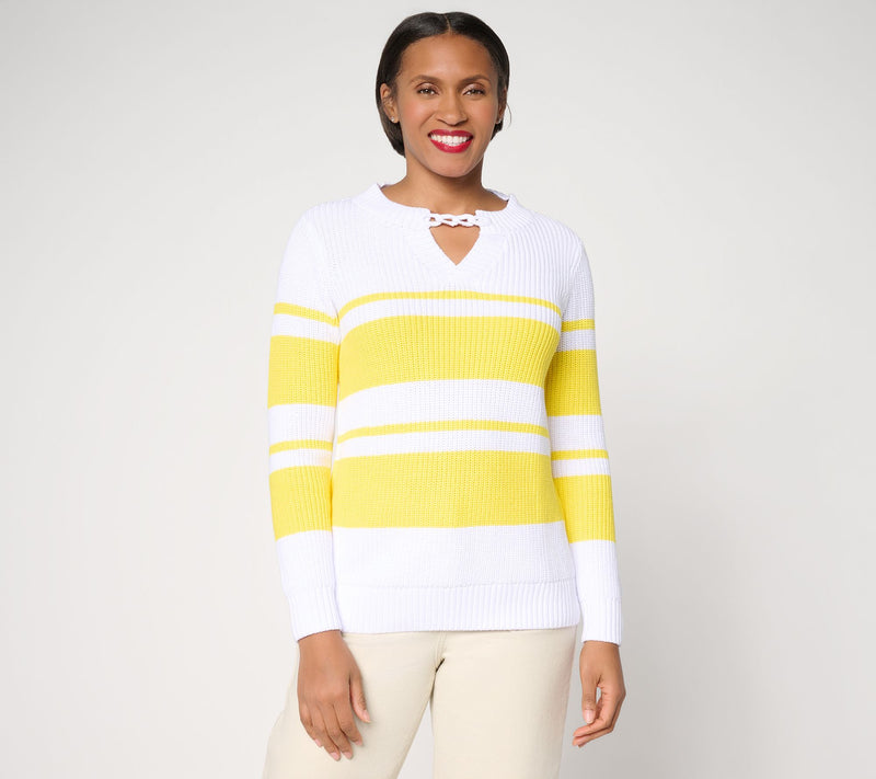Joan Rivers Split-Neck with Cable Chain Striped Sweater — View 12