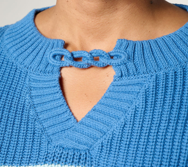 Joan Rivers Split-Neck with Cable Chain Striped Sweater — View 6