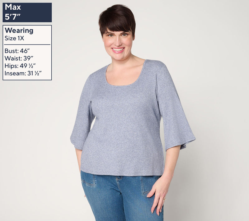 Me by Jennie Garth Rib Knit Top with Scoop Neck & Flare Sleeves — View 2