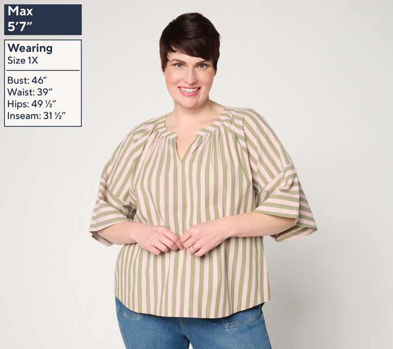Me by Jennie Garth Yarn Dyed Elbow Sleeve Striped Blouse — View 3