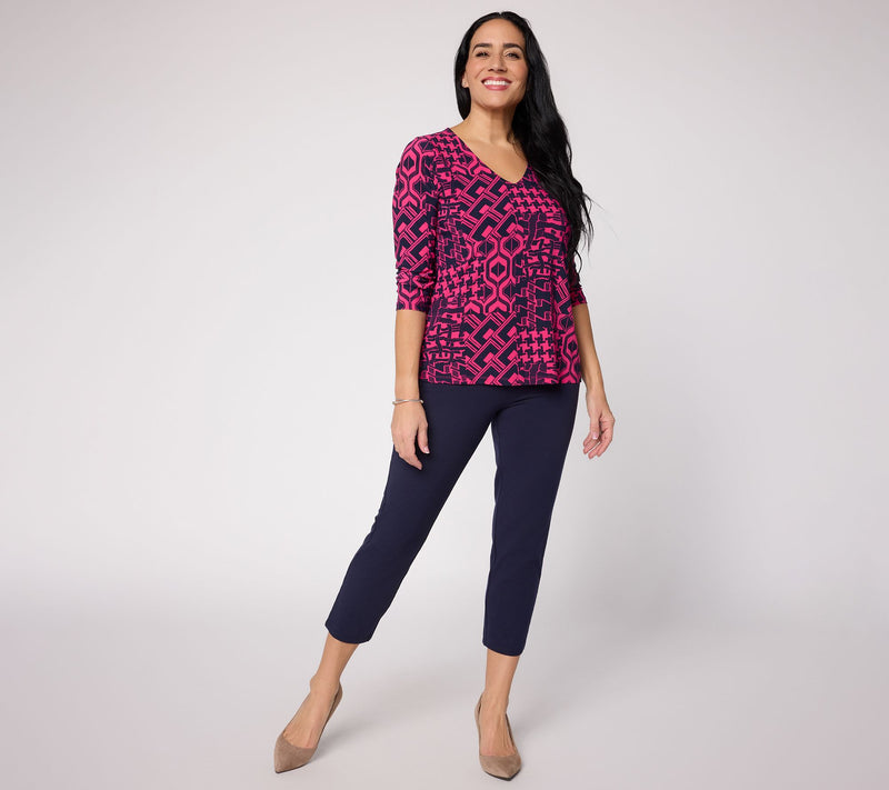 Women with Control Petite Printed Top and Solid Pant Knit Set — View 5