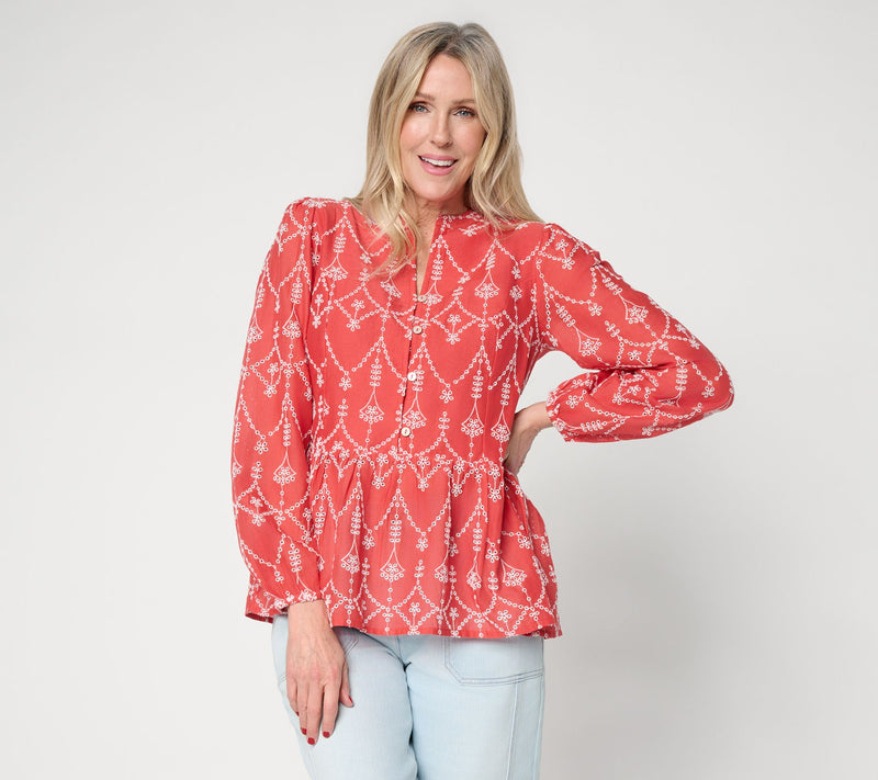 LOGO Lavish by Lori Goldstein Embroidered Long Sleeve Blouse — View 2
