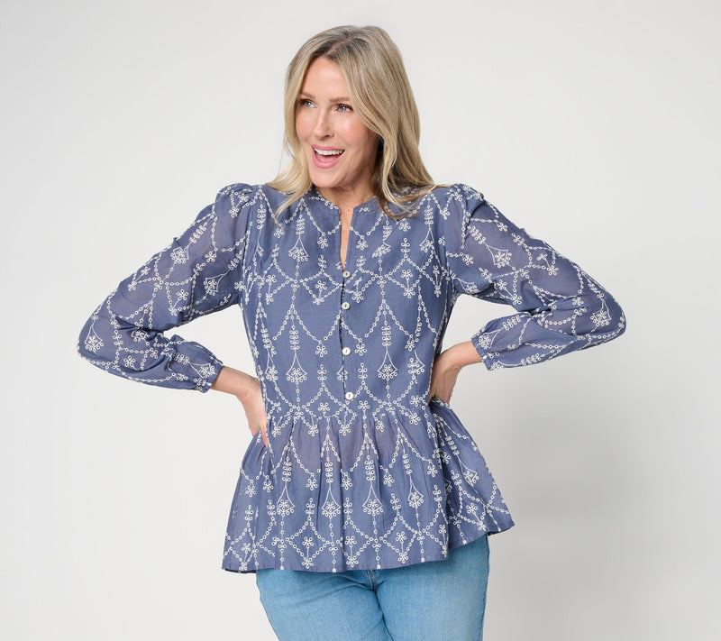 LOGO Lavish by Lori Goldstein Embroidered Long Sleeve Blouse — View 12