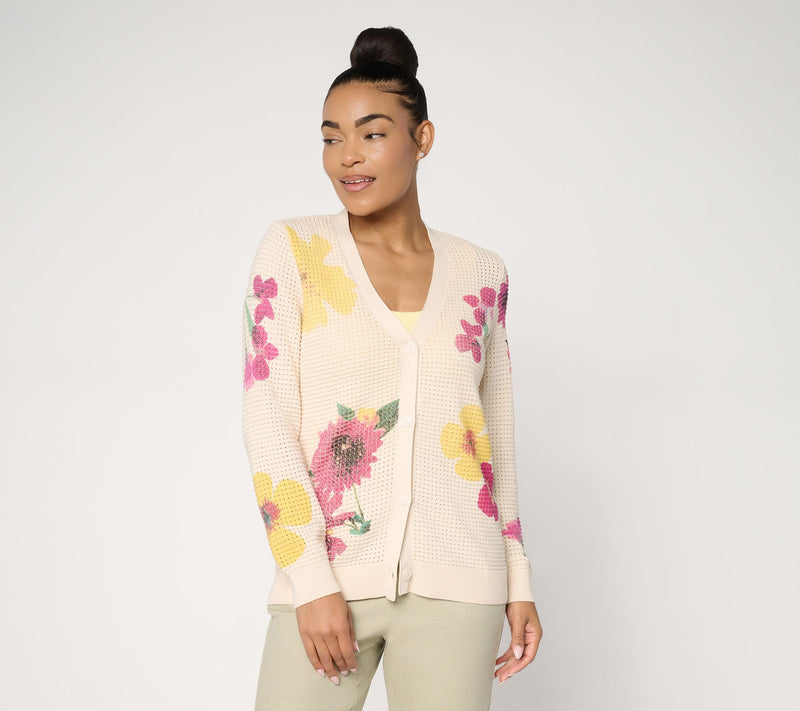 Susan Graver Printed Wild Flower Sweater Cardigan — Main view