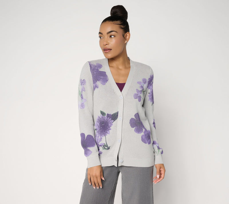 Susan Graver Printed Wild Flower Sweater Cardigan — View 12