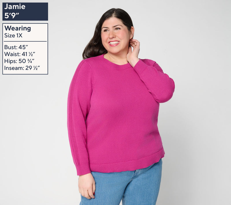 Susan Graver Crew Neck Sweater with Novelty Sleeve Detail — View 2