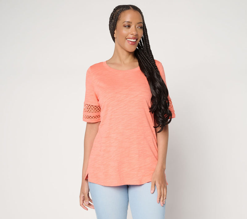 Belle by Kim Gravel Slub Knit Elbow Sleeve Circle Trim Top — Main view