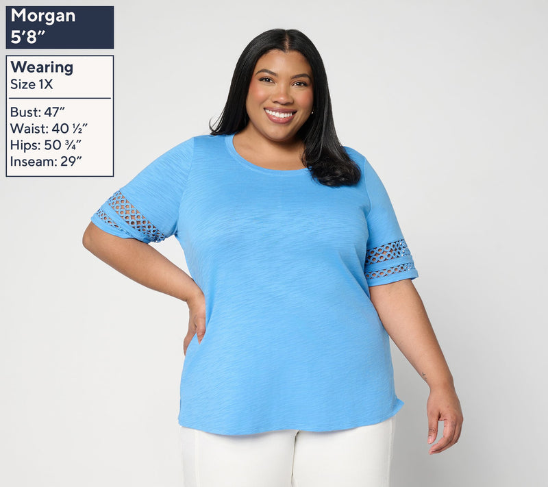 Belle by Kim Gravel Slub Knit Elbow Sleeve Circle Trim Top — View 2