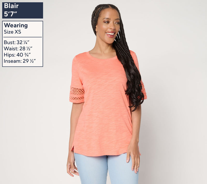 Belle by Kim Gravel Slub Knit Elbow Sleeve Circle Trim Top — View 3