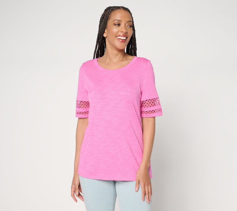 Belle by Kim Gravel Slub Knit Elbow Sleeve Circle Trim Top — View 15