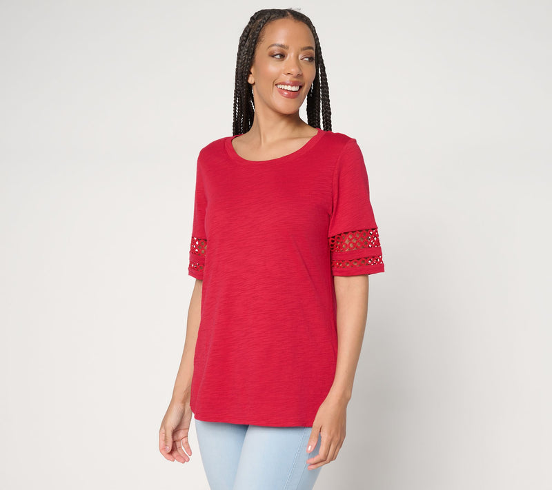 Belle by Kim Gravel Slub Knit Elbow Sleeve Circle Trim Top — View 16