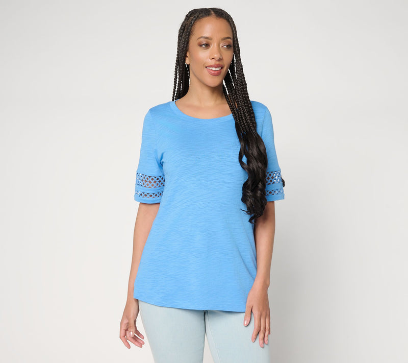 Belle by Kim Gravel Slub Knit Elbow Sleeve Circle Trim Top — View 18