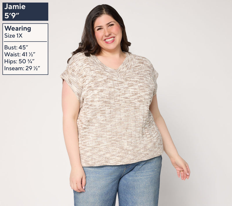 AnyBody Spacedye V-Neck Cap Sleeve Pullover Sweater — View 2