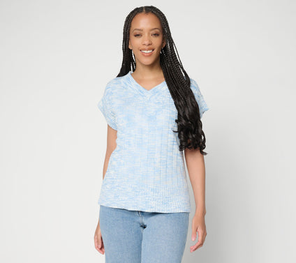 AnyBody Spacedye V-Neck Cap Sleeve Pullover Sweater