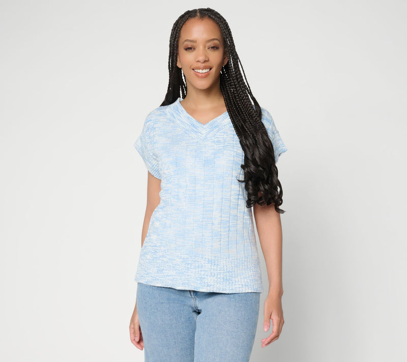 AnyBody Spacedye V-Neck Cap Sleeve Pullover Sweater — Main view