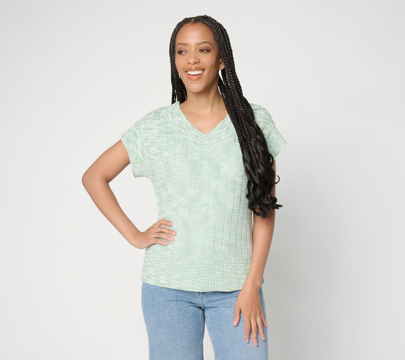 AnyBody Spacedye V-Neck Cap Sleeve Pullover Sweater — View 11
