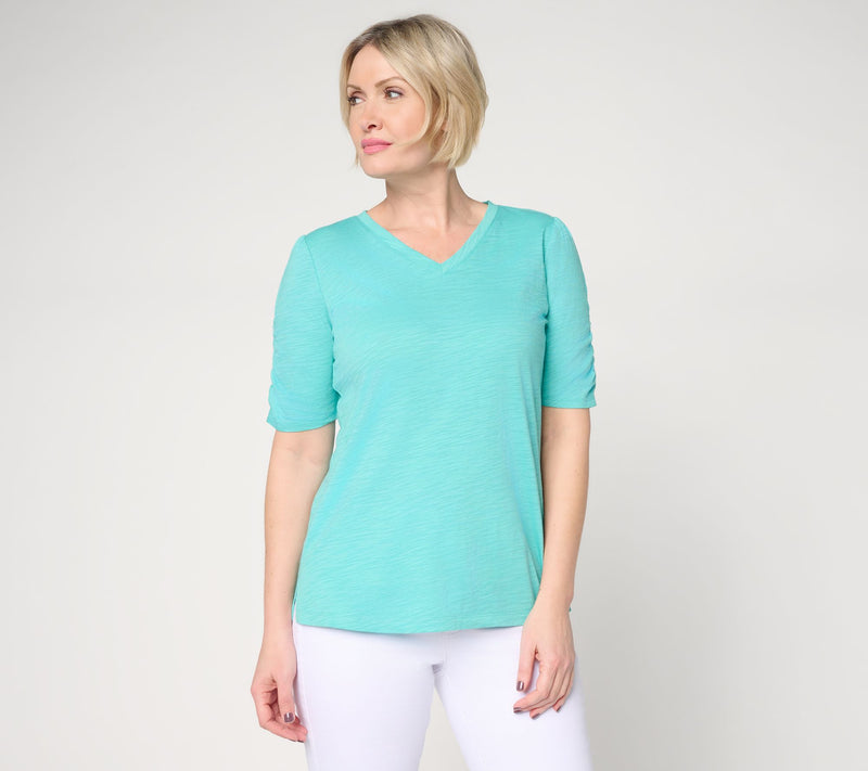 Belle Beach by Kim Gravel Slub Knit Ruched Elbow V Neck Top — Main view