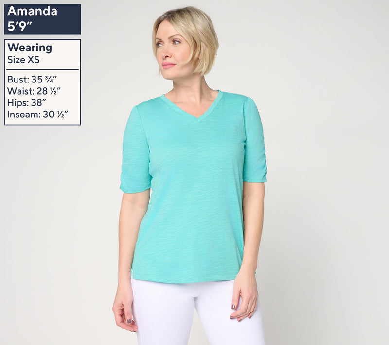 Belle Beach by Kim Gravel Slub Knit Ruched Elbow V Neck Top — View 3