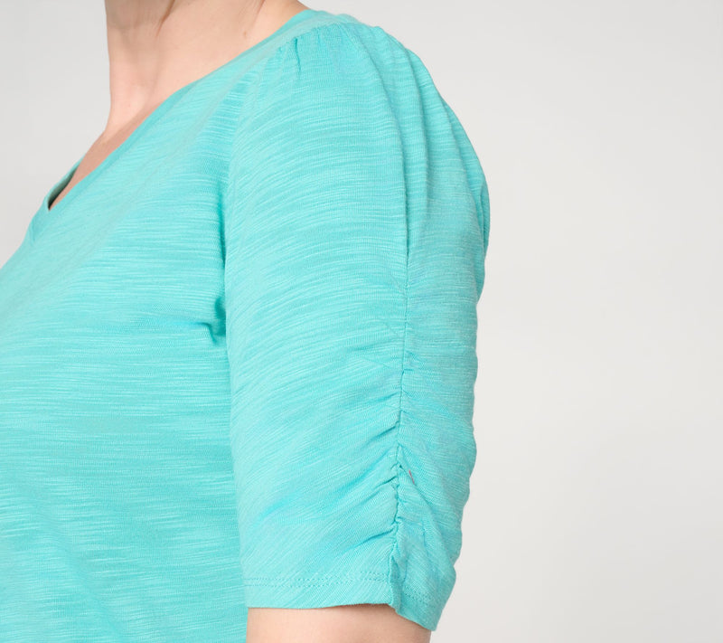 Belle Beach by Kim Gravel Slub Knit Ruched Elbow V Neck Top — View 6