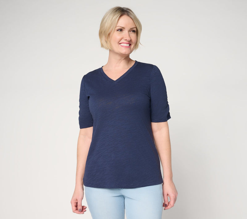 Belle Beach by Kim Gravel Slub Knit Ruched Elbow V Neck Top — View 13