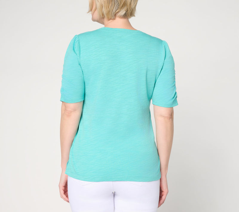 Belle Beach by Kim Gravel Slub Knit Ruched Elbow V Neck Top — View 4
