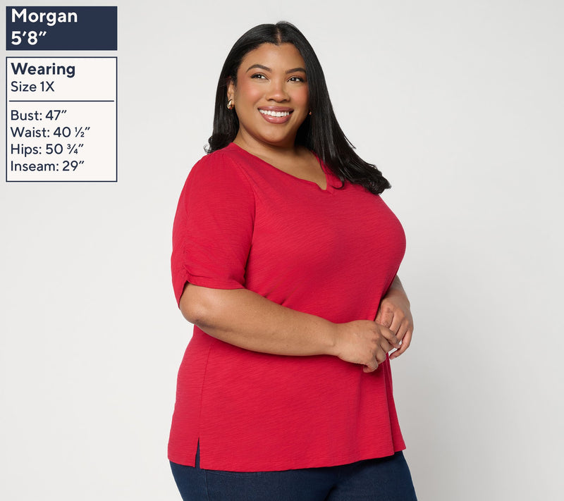 Belle Beach by Kim Gravel Slub Knit Ruched Elbow V Neck Top — View 2