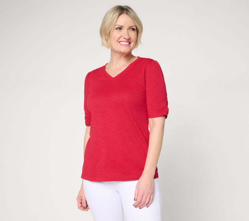 Belle Beach by Kim Gravel Slub Knit Ruched Elbow V Neck Top — View 14