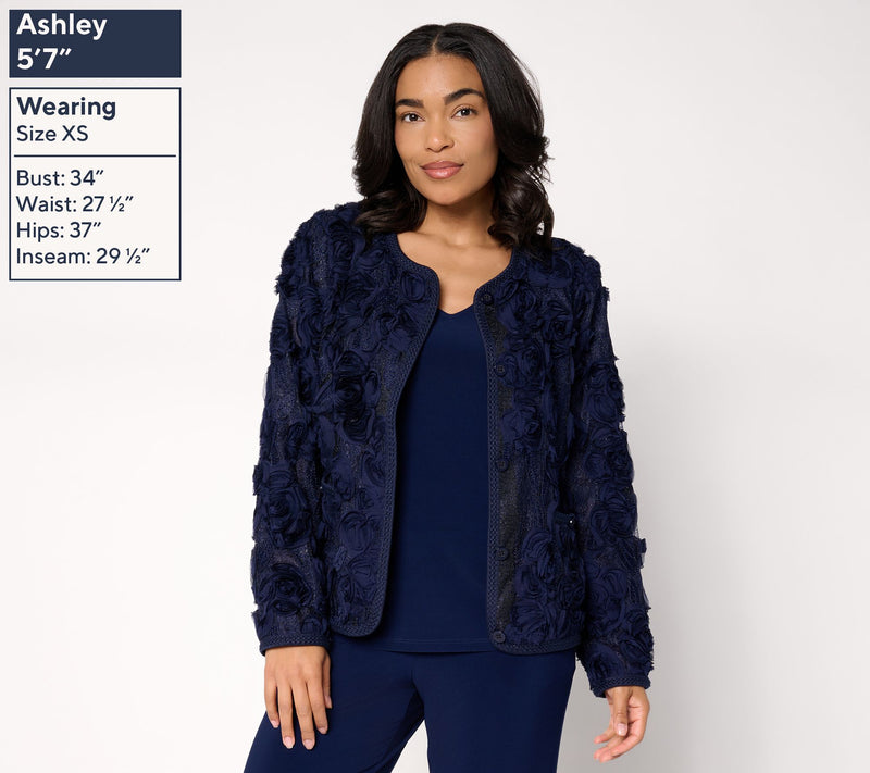 Dennis Basso Organza Rosettes Jacket with Braided Trim — View 3