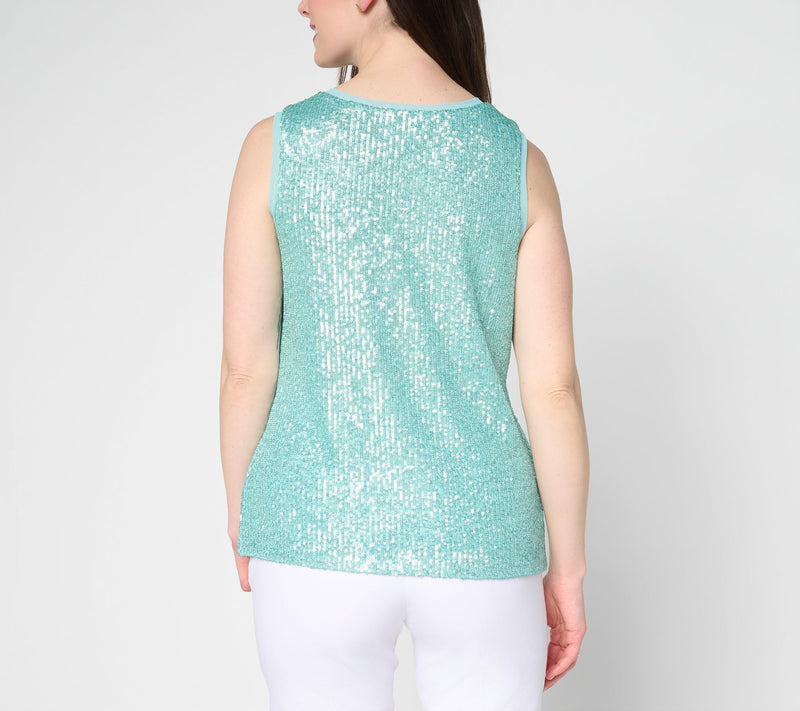 Dennis Basso Sequin Mesh Scoop Neck Tank — View 4