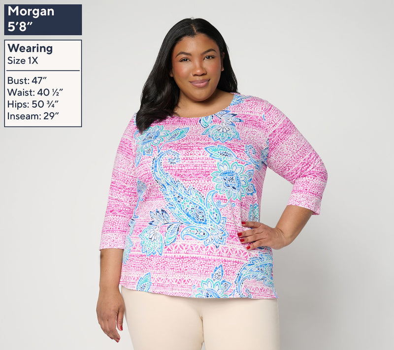 Belle Boho by Kim Gravel Slub Knit Indigo Bloom 3/4 Sleeve Top — View 2