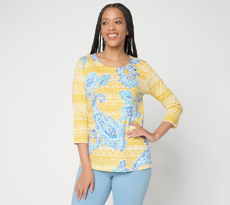 Belle Boho by Kim Gravel Slub Knit Indigo Bloom 3/4 Sleeve Top — Main view