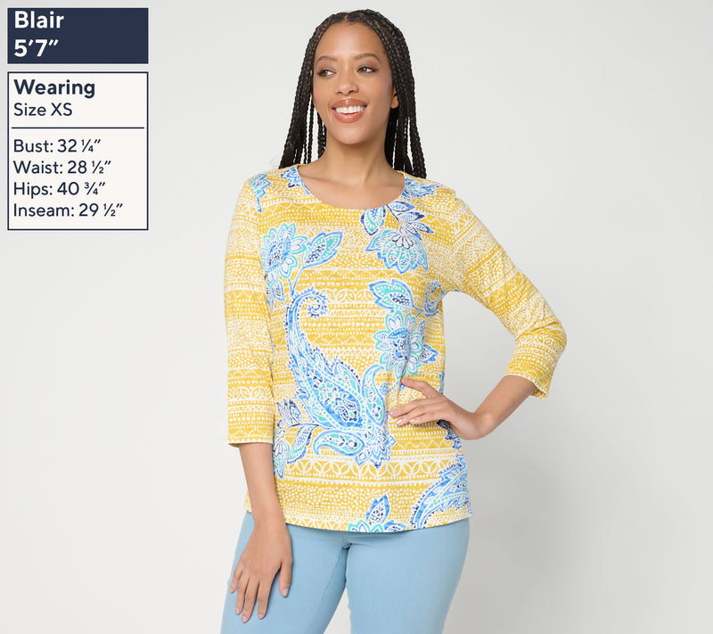 Belle Boho by Kim Gravel Slub Knit Indigo Bloom 3/4 Sleeve Top — View 3