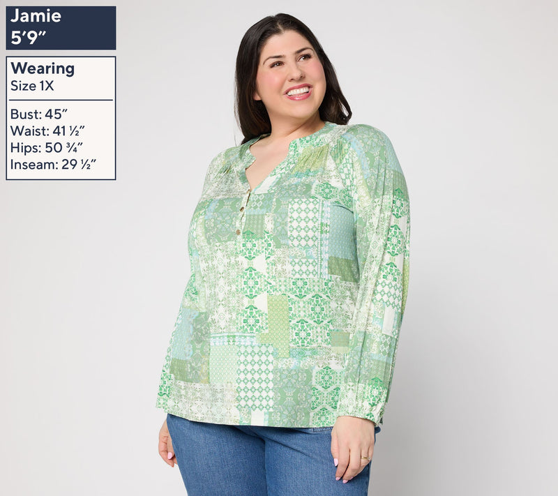 Belle by Kim Gravel Rayon Spandex Patchwork Popover Blouse — View 2