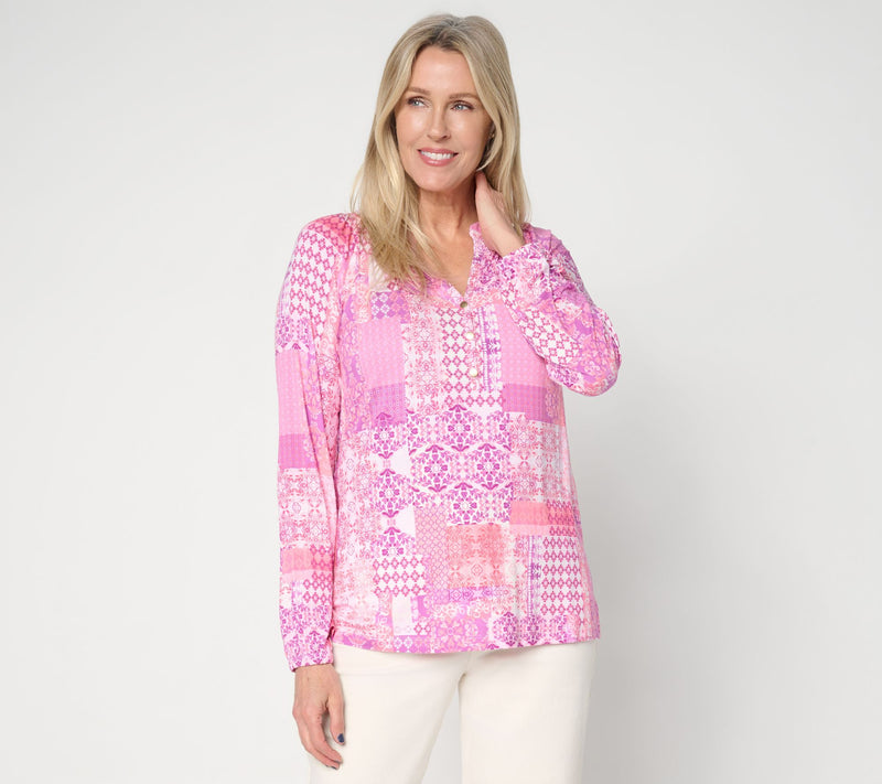 Belle by Kim Gravel Rayon Spandex Patchwork Popover Blouse — Main view