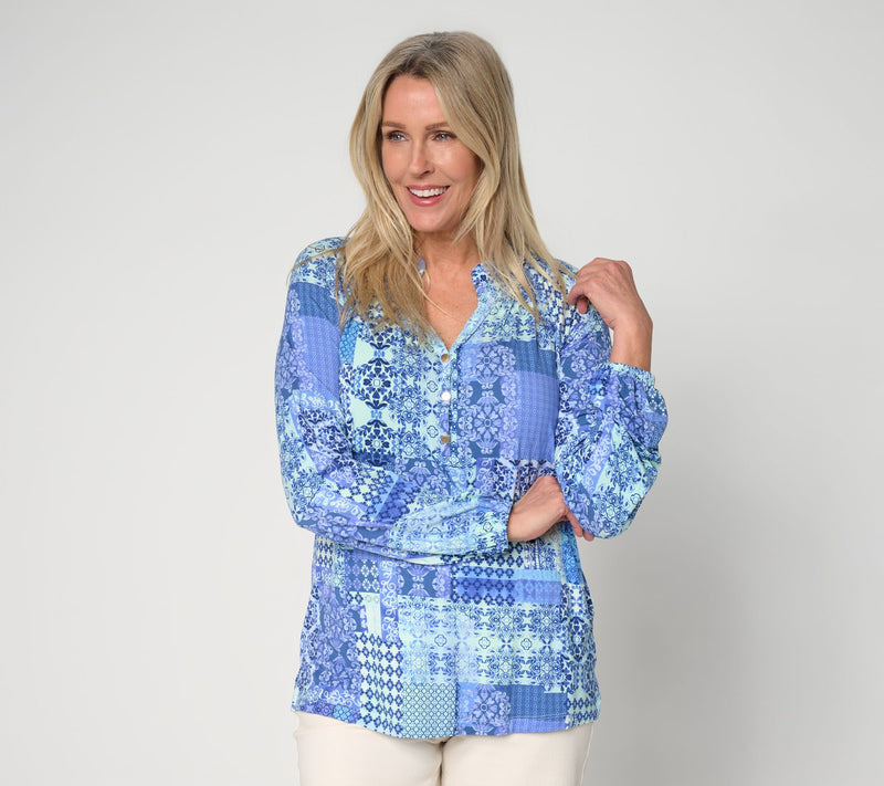 Belle by Kim Gravel Rayon Spandex Patchwork Popover Blouse — View 11