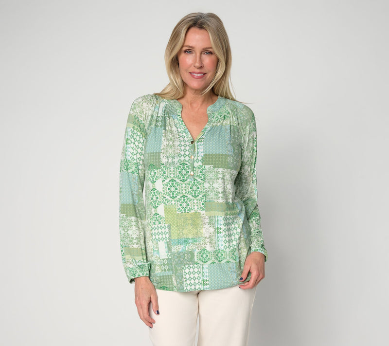 Belle by Kim Gravel Rayon Spandex Patchwork Popover Blouse — View 12