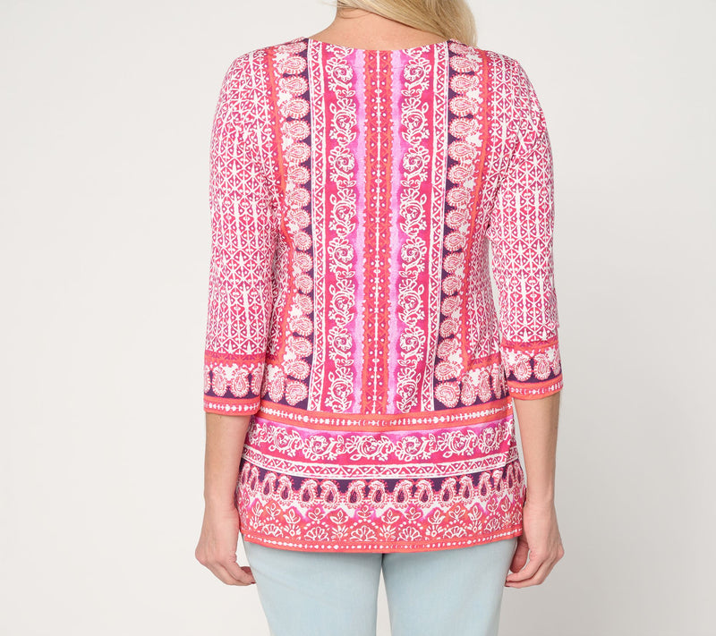 Belle Beach by Kim Gravel Rayon Spandex Painted Paisley Border Trim Top — View 4