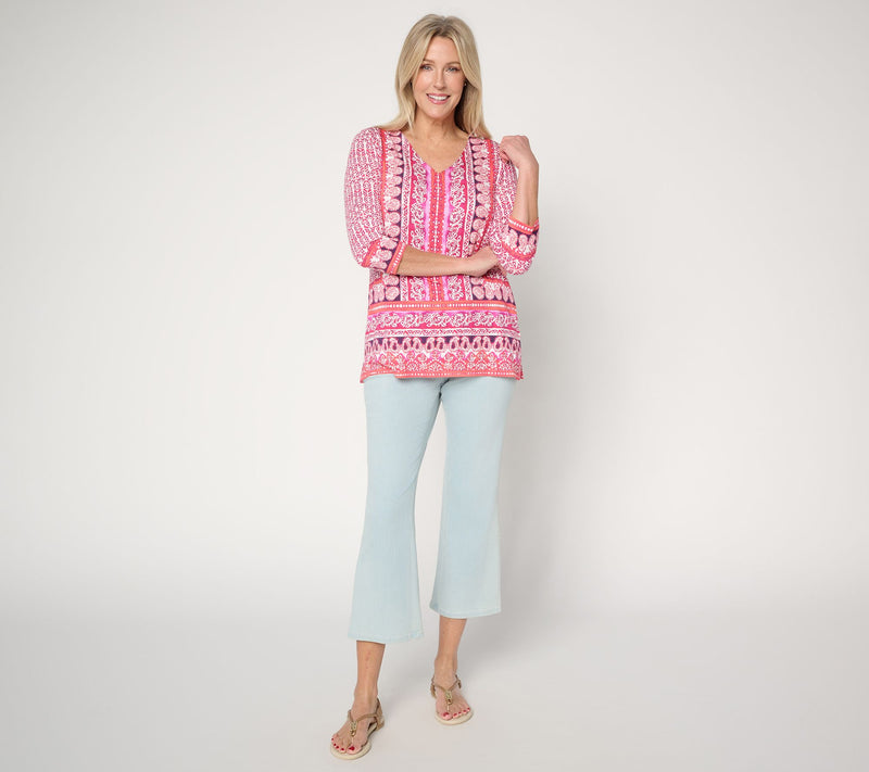 Belle Beach by Kim Gravel Rayon Spandex Painted Paisley Border Trim Top — View 5