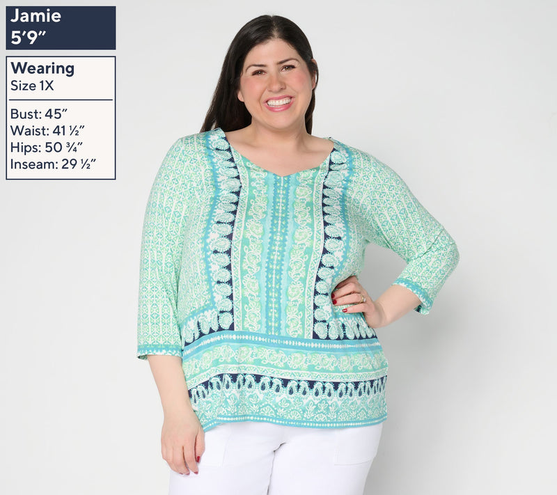 Belle Beach by Kim Gravel Rayon Spandex Painted Paisley Border Trim Top — View 2