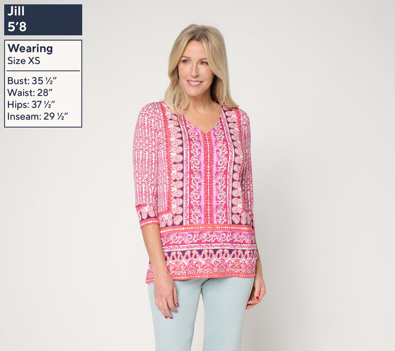 Belle Beach by Kim Gravel Rayon Spandex Painted Paisley Border Trim Top — View 3