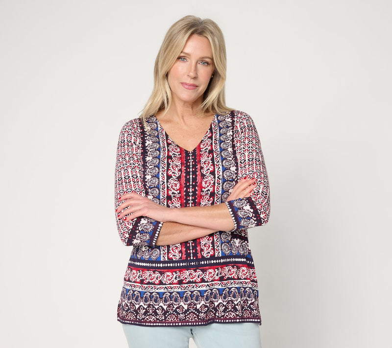 Belle Beach by Kim Gravel Rayon Spandex Painted Paisley Border Trim Top — View 13