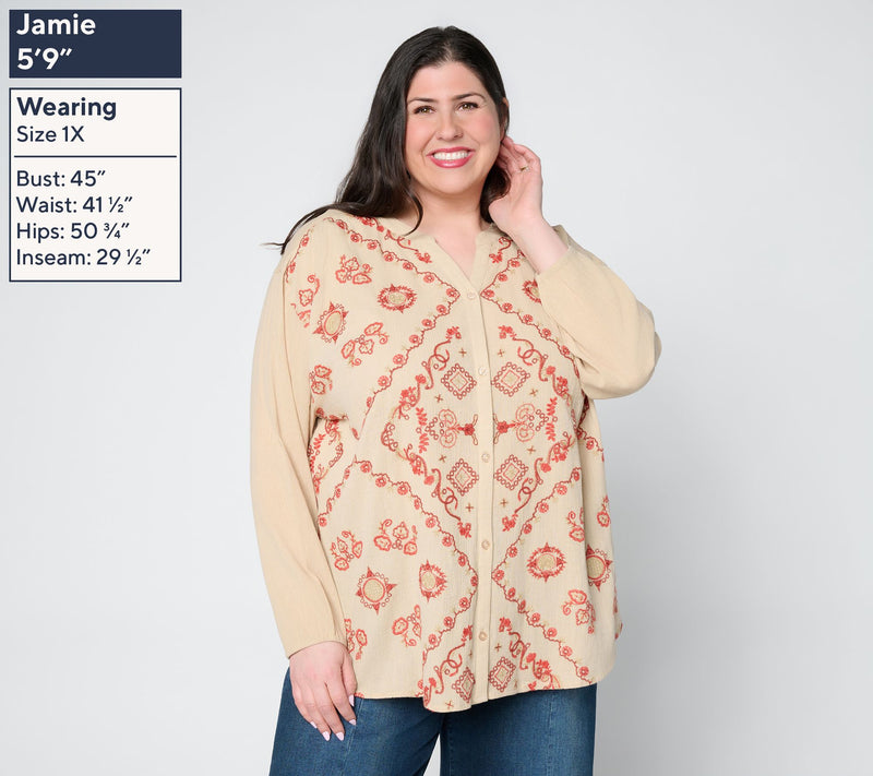 LOGO Lavish by Lori Goldstein Embroidered Button Front Split-V Blouse — View 2