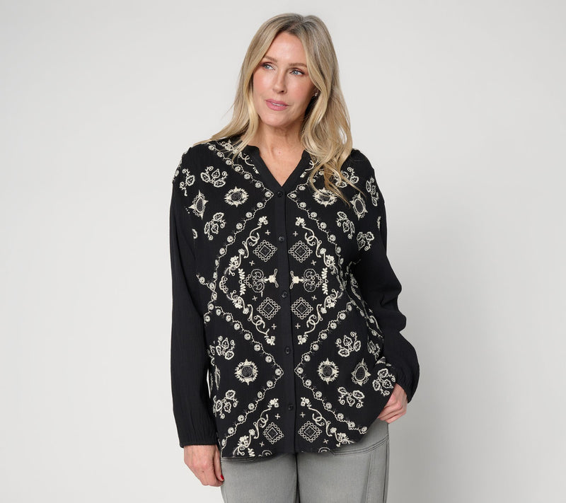 LOGO Lavish by Lori Goldstein Embroidered Button Front Split-V Blouse — View 10