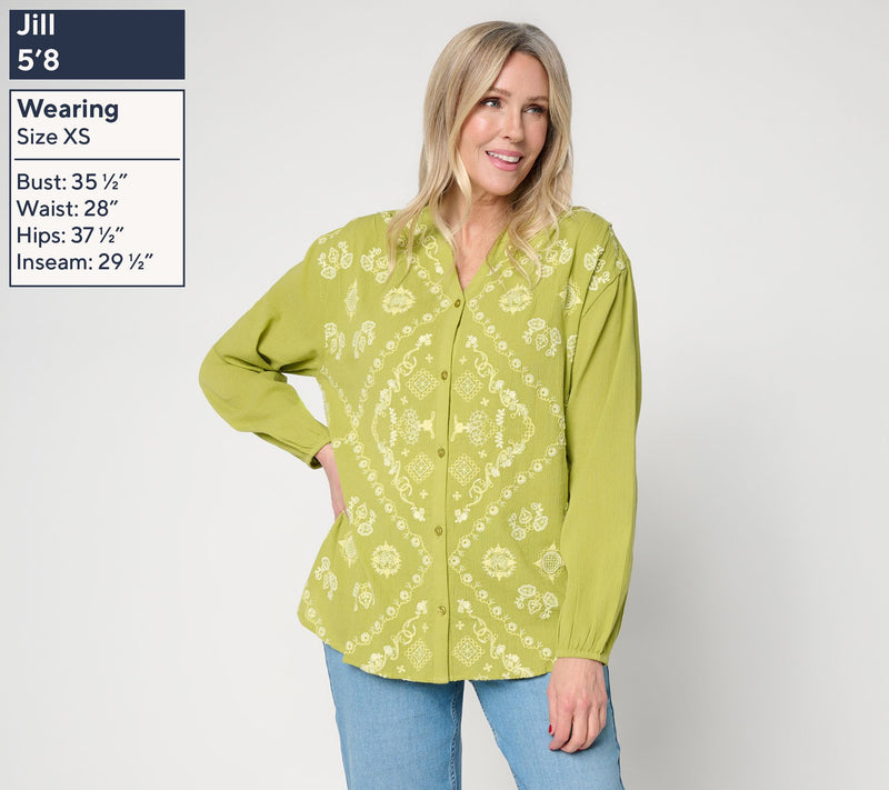 LOGO Lavish by Lori Goldstein Embroidered Button Front Split-V Blouse — View 3
