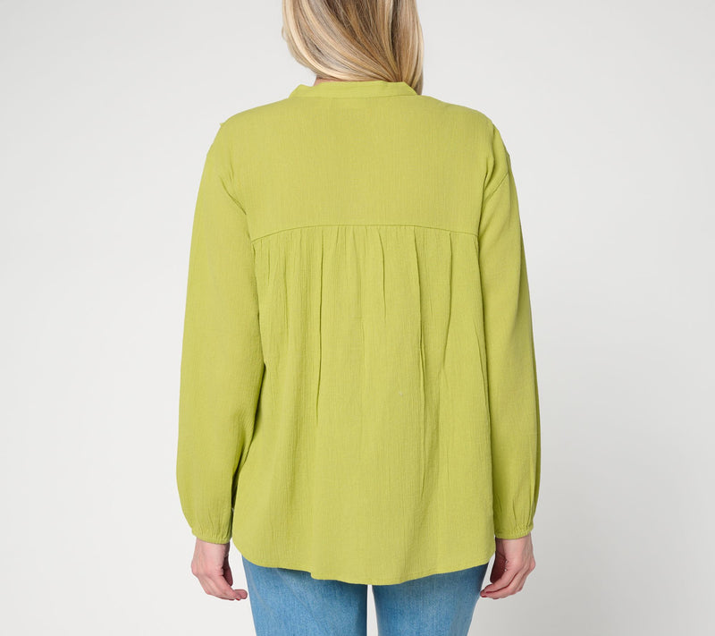 LOGO Lavish by Lori Goldstein Embroidered Button Front Split-V Blouse — View 4
