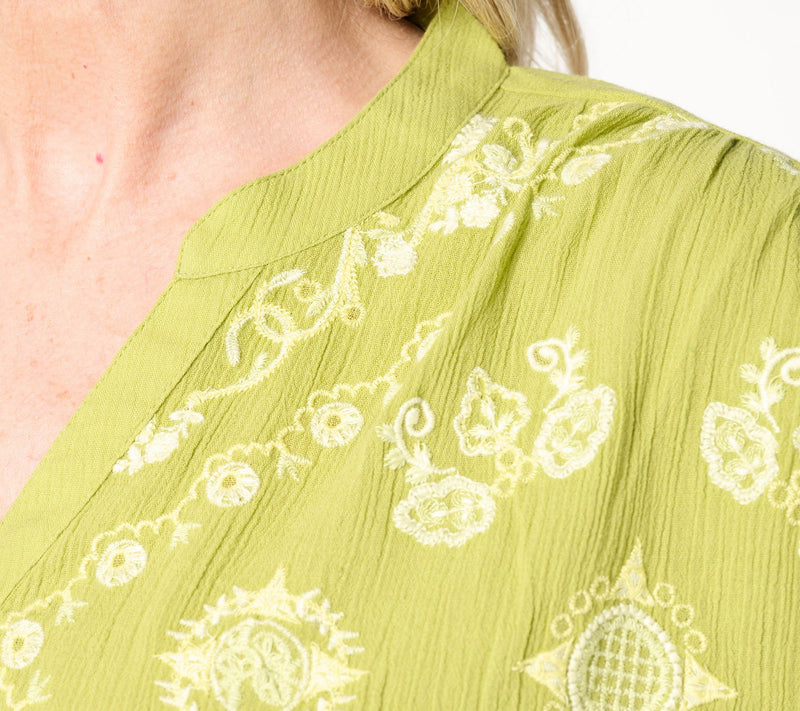 LOGO Lavish by Lori Goldstein Embroidered Button Front Split-V Blouse — View 6
