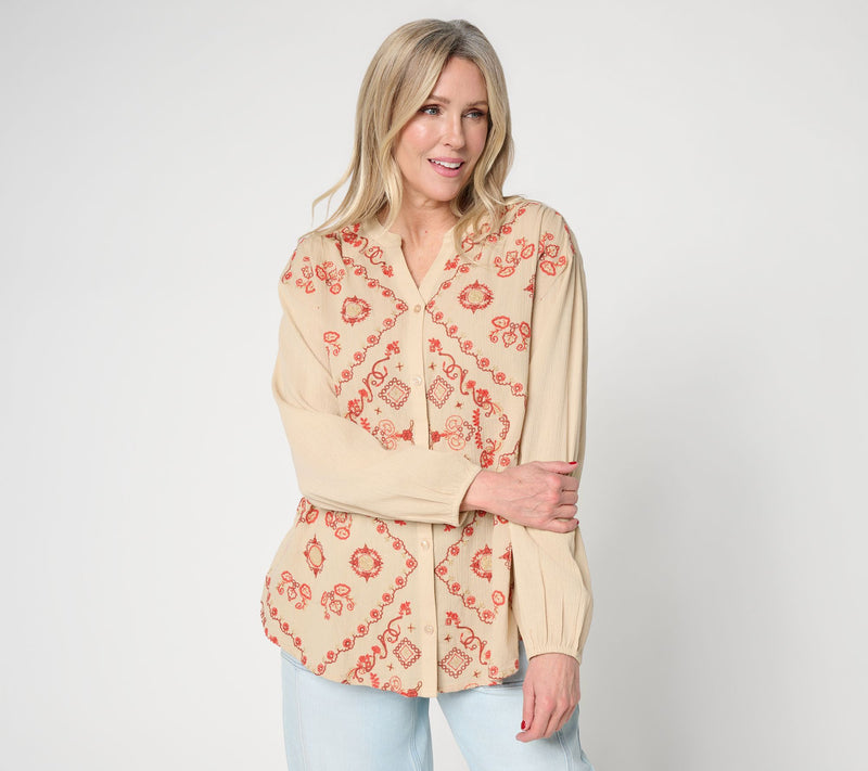 LOGO Lavish by Lori Goldstein Embroidered Button Front Split-V Blouse — View 11