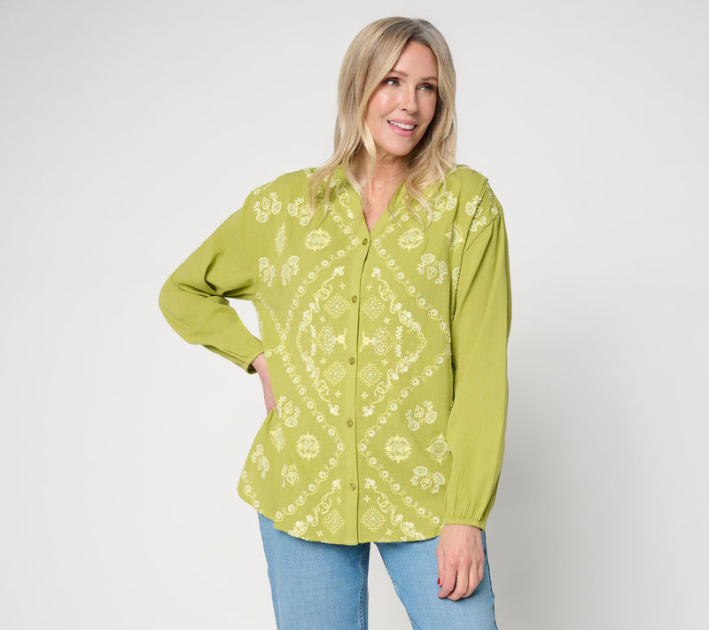 LOGO Lavish by Lori Goldstein Embroidered Button Front Split-V Blouse — View 12