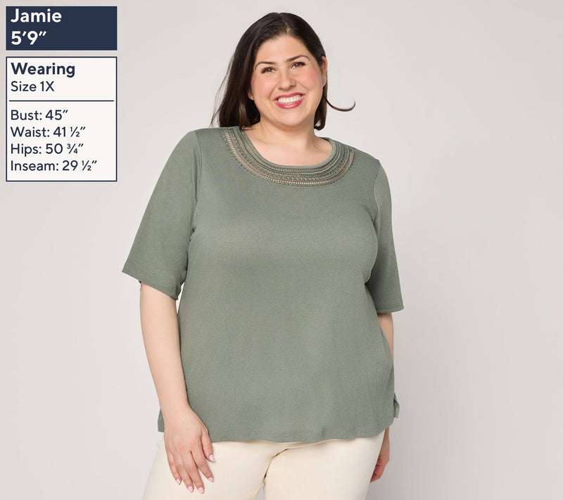 Denim & Co. Beach Knit Gauze Elbow Sleeve Top w/ Crochet — View 2